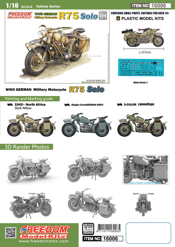Freedom 16006 WWII German BMW R75 Motorcycle Solo 1/16 – immagine 2