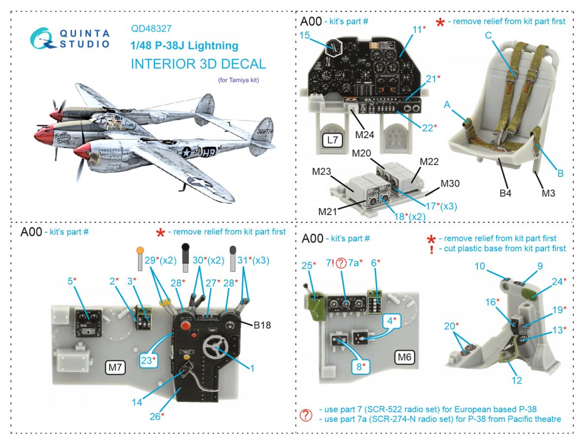 Quinta Studio QD48327 P-38J 3D-Printed &amp;amp; coloured Interior on decal paper (Tamiya) 1/48 – immagine 2
