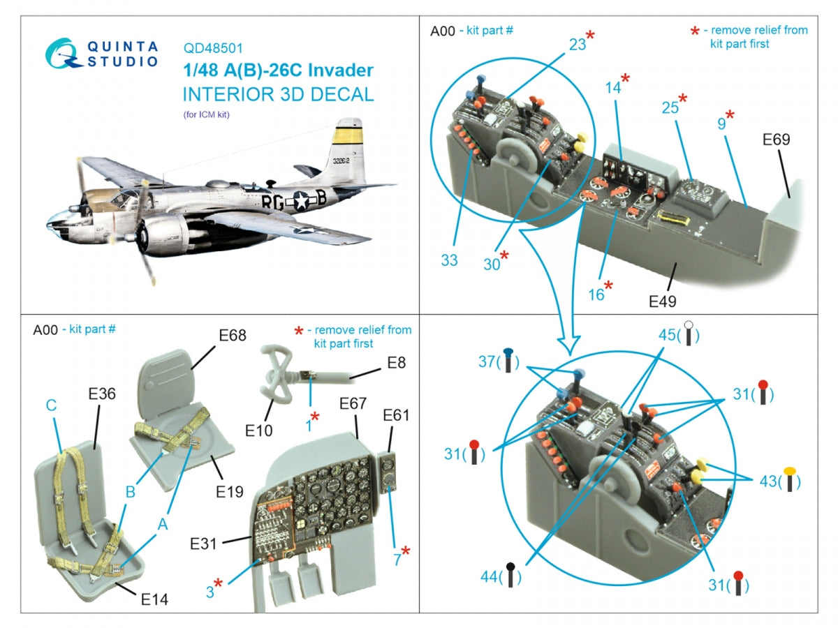 Quinta Studio QD48501 A-26C Invader 3D-Printed &amp;amp; coloured Interior on decal paper (ICM) 1/48 – imagen 2