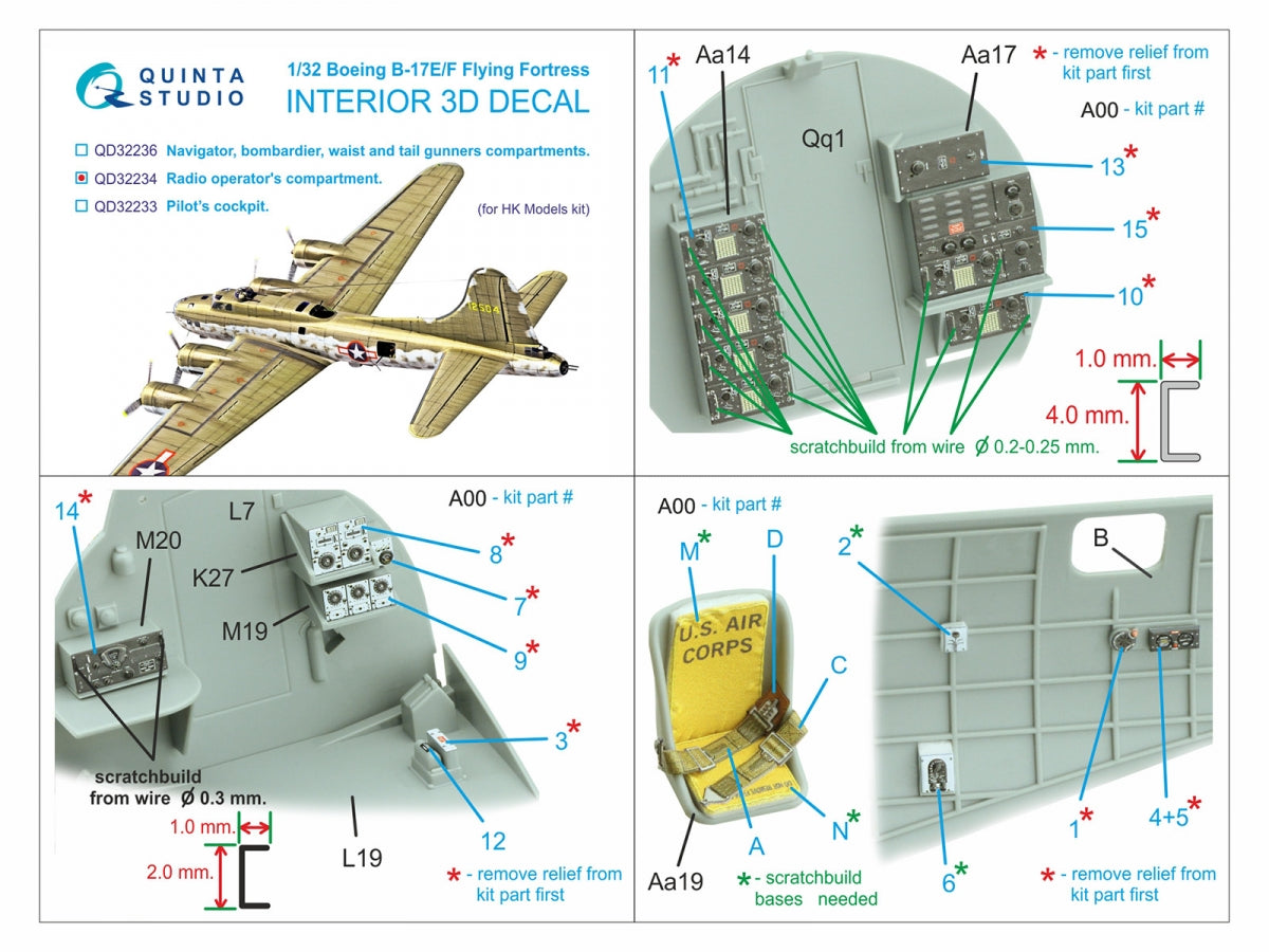 Quinta Studio QD32234 Boeing B-17E/F Radio operator&amp;#39;s compartment. 3D-Printed colored Interior on decal paper (HK models) 1/32 – image 2