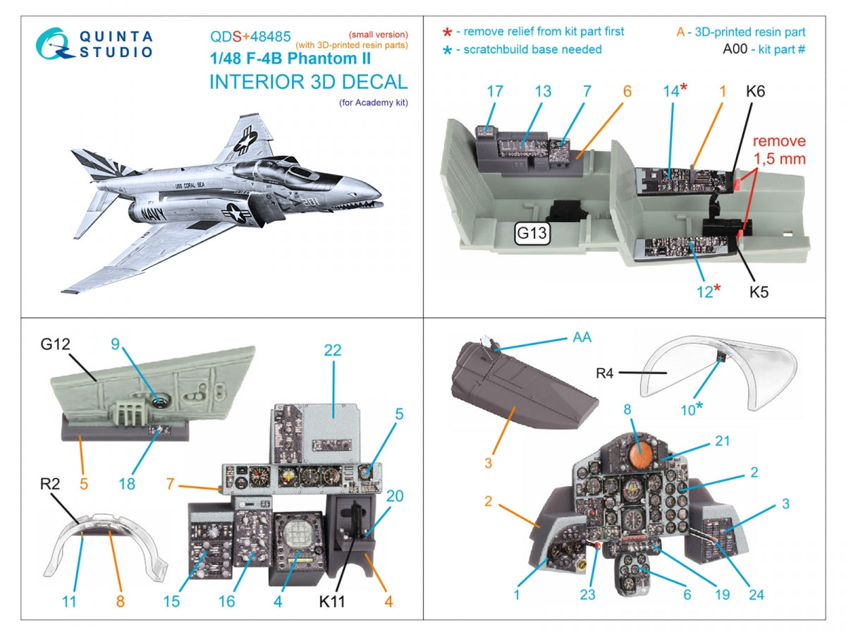 Quinta Studio QDS+48485 F-4B Phantom II 3D-Printed &amp;amp; coloured Interior on decal paper (Academy) (Small version) (with 3D-printed resin parts) 1/48 – imagen 3