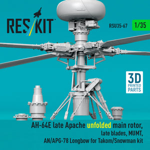 RESKIT RSU35-0067 AH-64E late Apache unfolded main rotor, late blades, MUMT, AN/APG-78 Longbow for Takom/Snowman kit (3D Printed) 1/35
