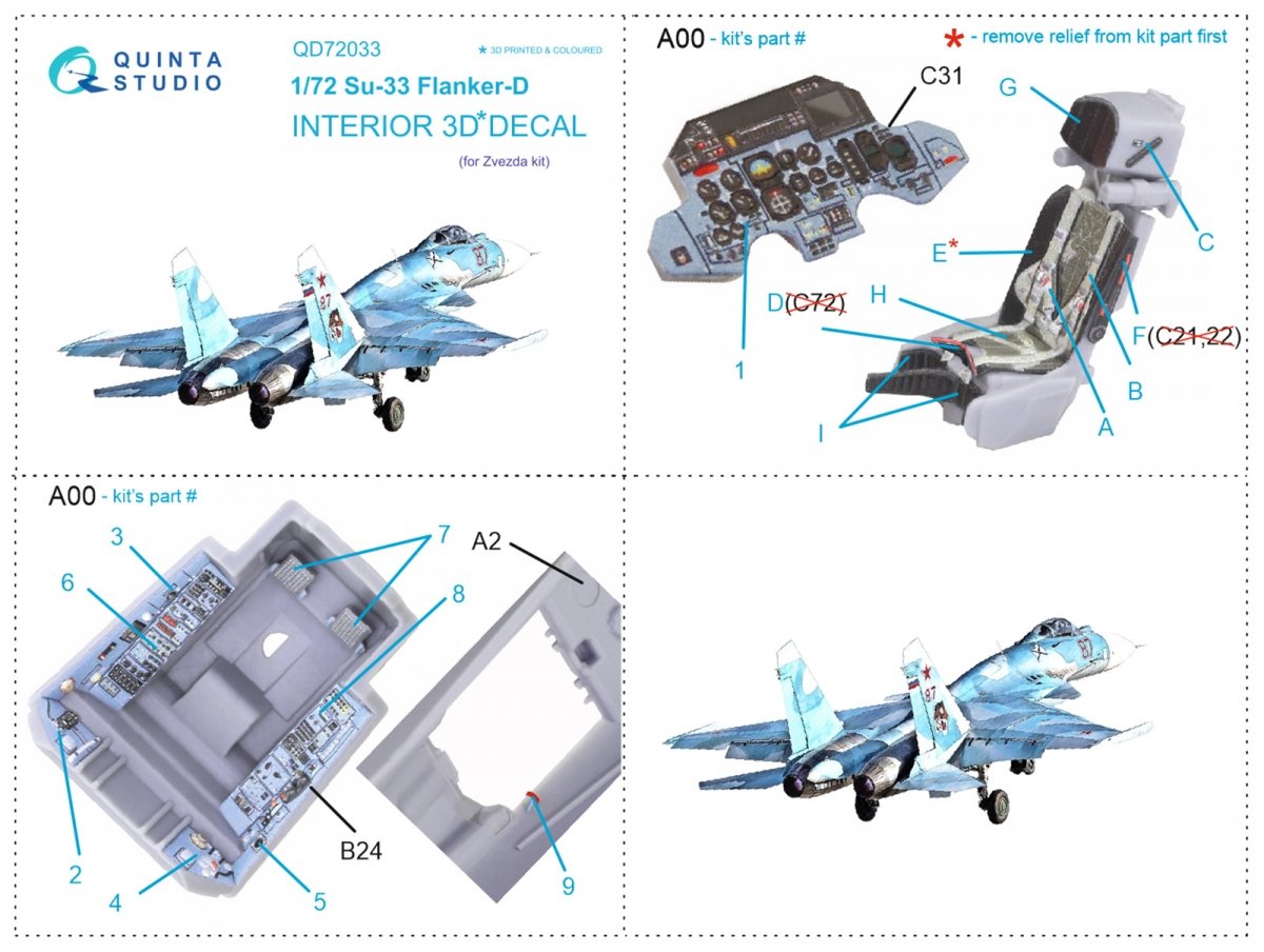 Quinta Studio QD72033 Su-33 3D-Printed &amp;amp; coloured Interior on decal paper (Zvezda) 1/72 – immagine 5
