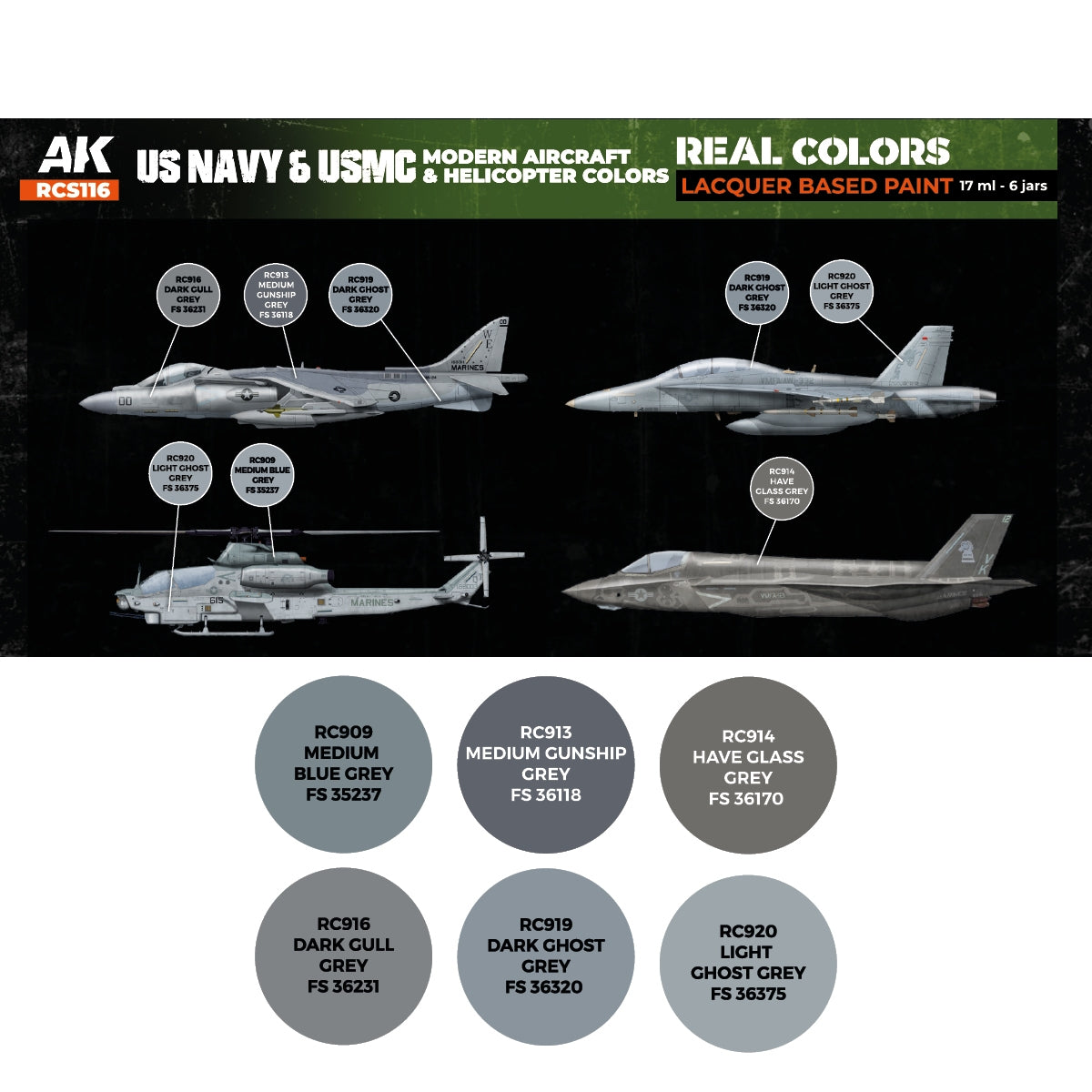 AK Interactive RCS116 US Navy and USMC Modern Aircraft and Helicopter Colors 6x17ml – immagine 2