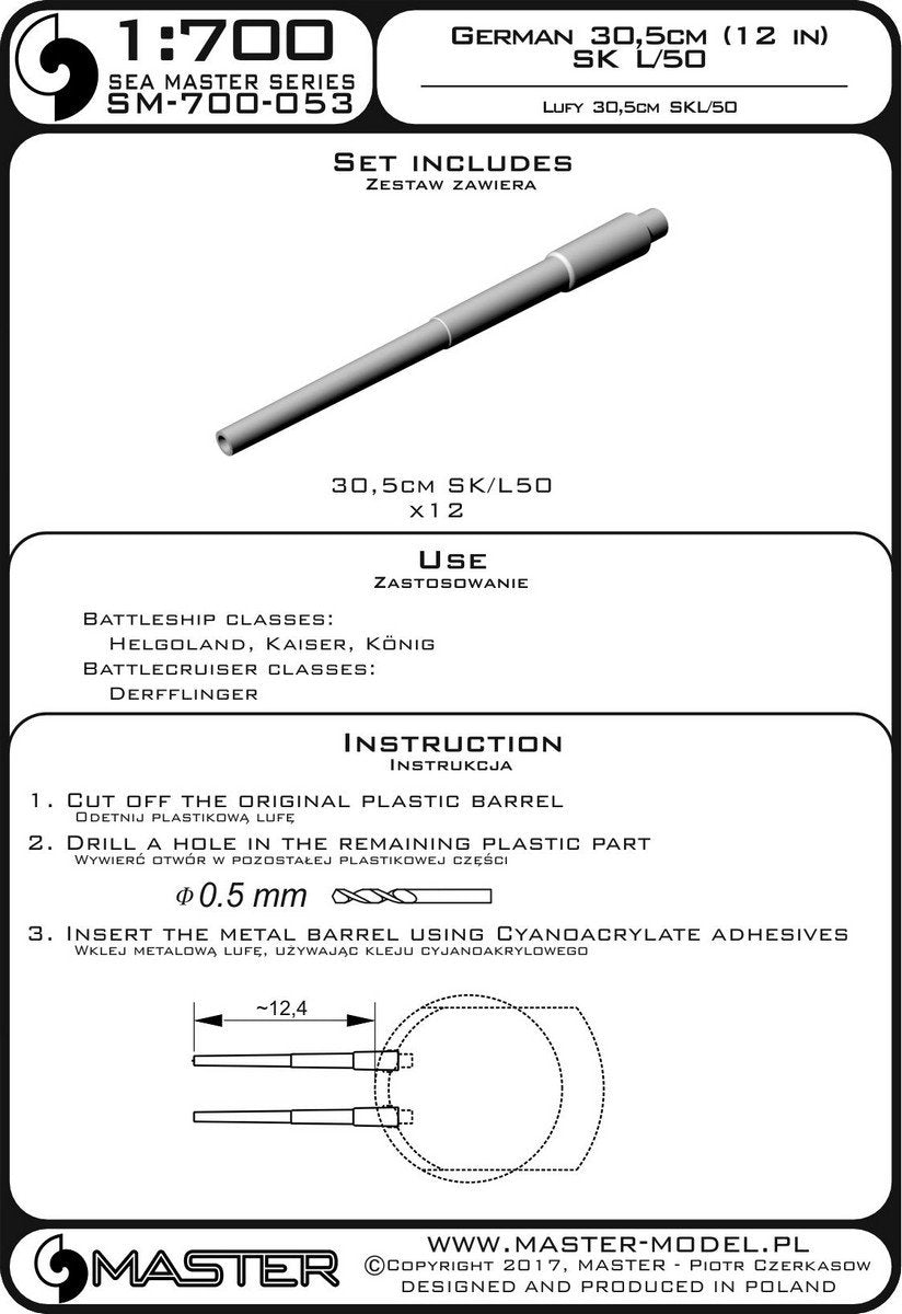Master SM-700-053 Lufy niemieckich dział 30,5cm/50 (12in) SK L/50 (12 szt.) - używane na okrętach Helgoland, Kaiser, König i Derfflinger 1/700 – zdjęcie 3