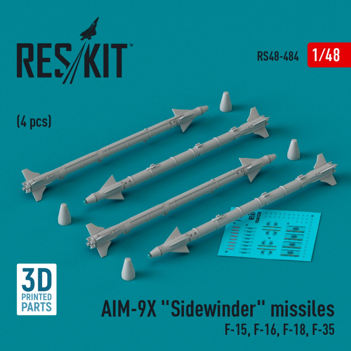 RESKIT RS48-0484 AIM-9X &amp;quot;Sidewinder&amp;quot; missiles (4 pcs) (3D Printed) 1/48