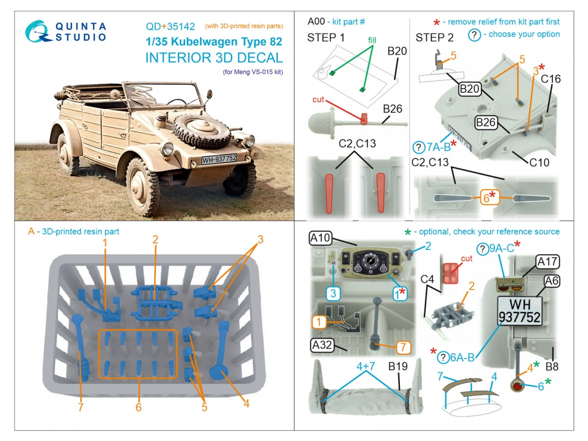 Quinta Studio QD+35142 Kubelwagen Type 82 3D-Printed &amp; coloured Interior on decal paper (Meng VS-015) (with 3D-printed resin parts) 1/35