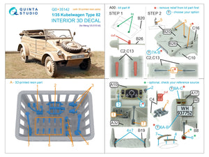 Quinta Studio QD+35142 Kubelwagen Type 82 3D-Printed &amp; coloured Interior on decal paper (Meng VS-015) (with 3D-printed resin parts) 1/35