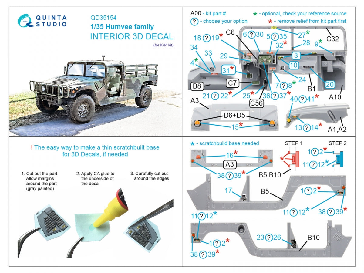 Quinta Studio QD35154 Humvee family 3D-Printed &amp;amp; coloured Interior on decal paper (ICM) 1/35 – immagine 2