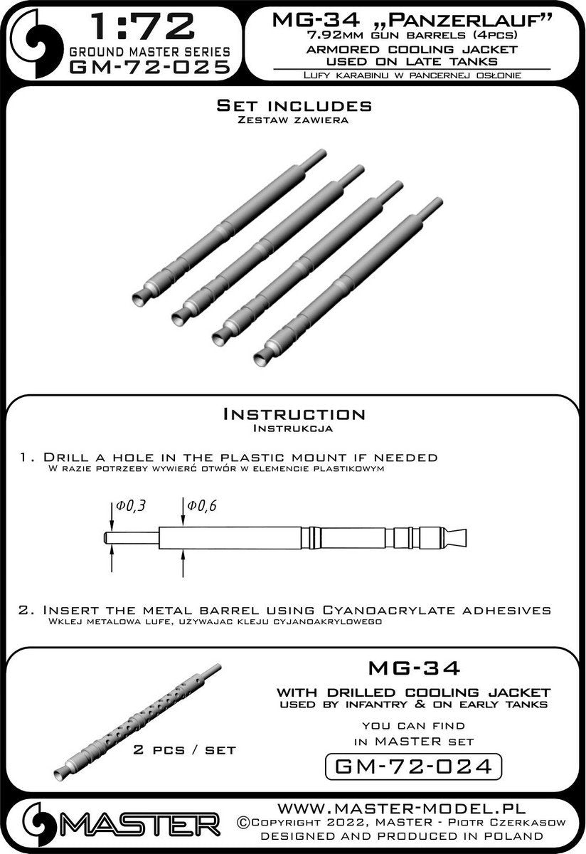 Master GM-72-025 MG-34 &amp;quot;Panzerlauf&amp;quot; (7.92mm) - German machine gun barrels - armored cooling jacket - used on late tanks (4pcs) 1/72 – imagen 6
