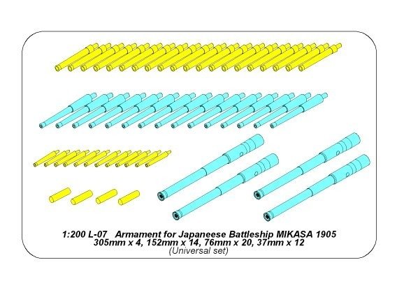 Armement Aber 200L-07 pour pré-dreadnought japonais Mikasa : 4 canons de 305 mm, 14 de 152 mm, 20 de 76 mm, 12 de 37 mm (échelle 1/200) – image 7