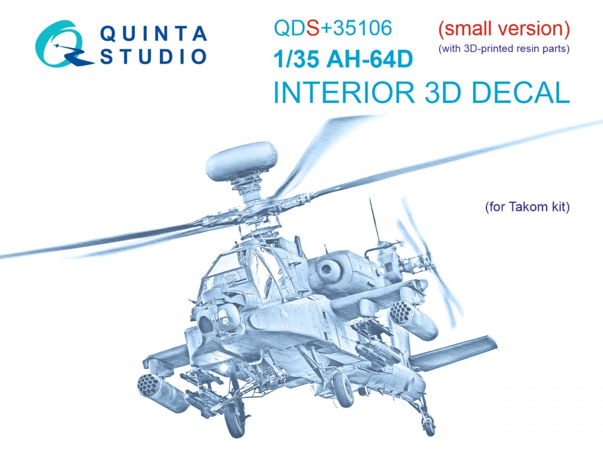 Intérieur imprimé en 3D et coloré sur papier décalcomanie (Takom) pour Quinta Studio QDS+35106 AH-64D (petite version) (avec pièces en résine imprimées en 3D) 1/35