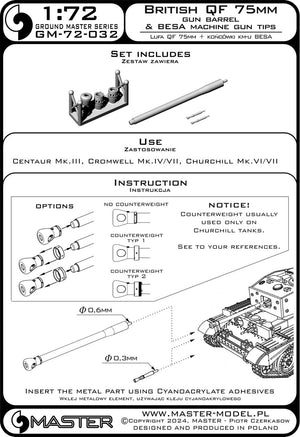 Master GM-72-032 Brytyjskie działo QF 75mm + końcówki km-u Besa - Centaur Mk.III, Cromwell Mk.IV/VII, Churchill Mk.VI/VII i inne 1/72 – imagen 7