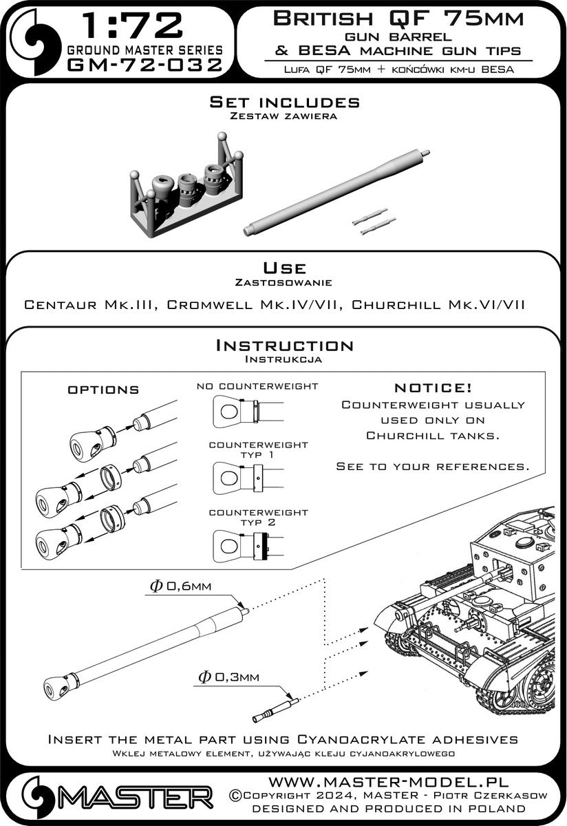 Master GM-72-032 Brytyjskie działo QF 75mm + końcówki km-u Besa - Centaur Mk.III, Cromwell Mk.IV/VII, Churchill Mk.VI/VII i inne 1/72 – imagen 7