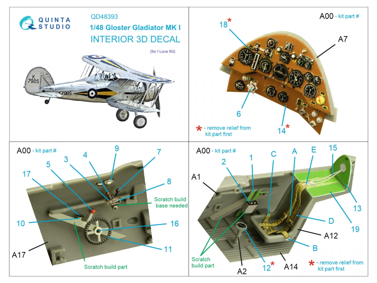 Quinta Studio QD48393 Gloster Gladiator MKI 3D-Printed &amp;amp; coloured Interior on decal paper (I Love Kit) 1/48 – imagen 2