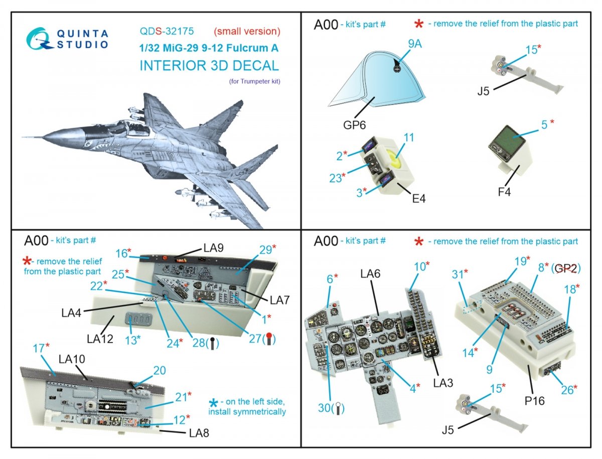 Quinta Studio QDS-32175 MiG-29 9-12 Fulcrum A 3D-Printed &amp;amp; coloured Interior on decal paper (Trumpeter) (Small version) 1/32 – Bild 2