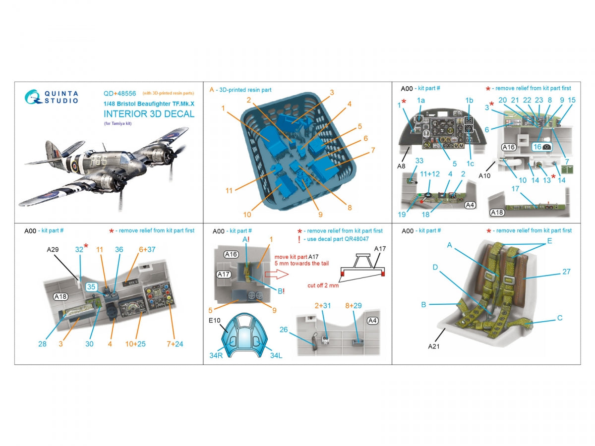 Intérieur imprimé en 3D et coloré sur papier décalcomanie (Tamiya) (avec pièces en résine imprimées en 3D) Quinta Studio QD+48556 Bristol Beaufighter TF.Mk.X, échelle 1/48 – image 2