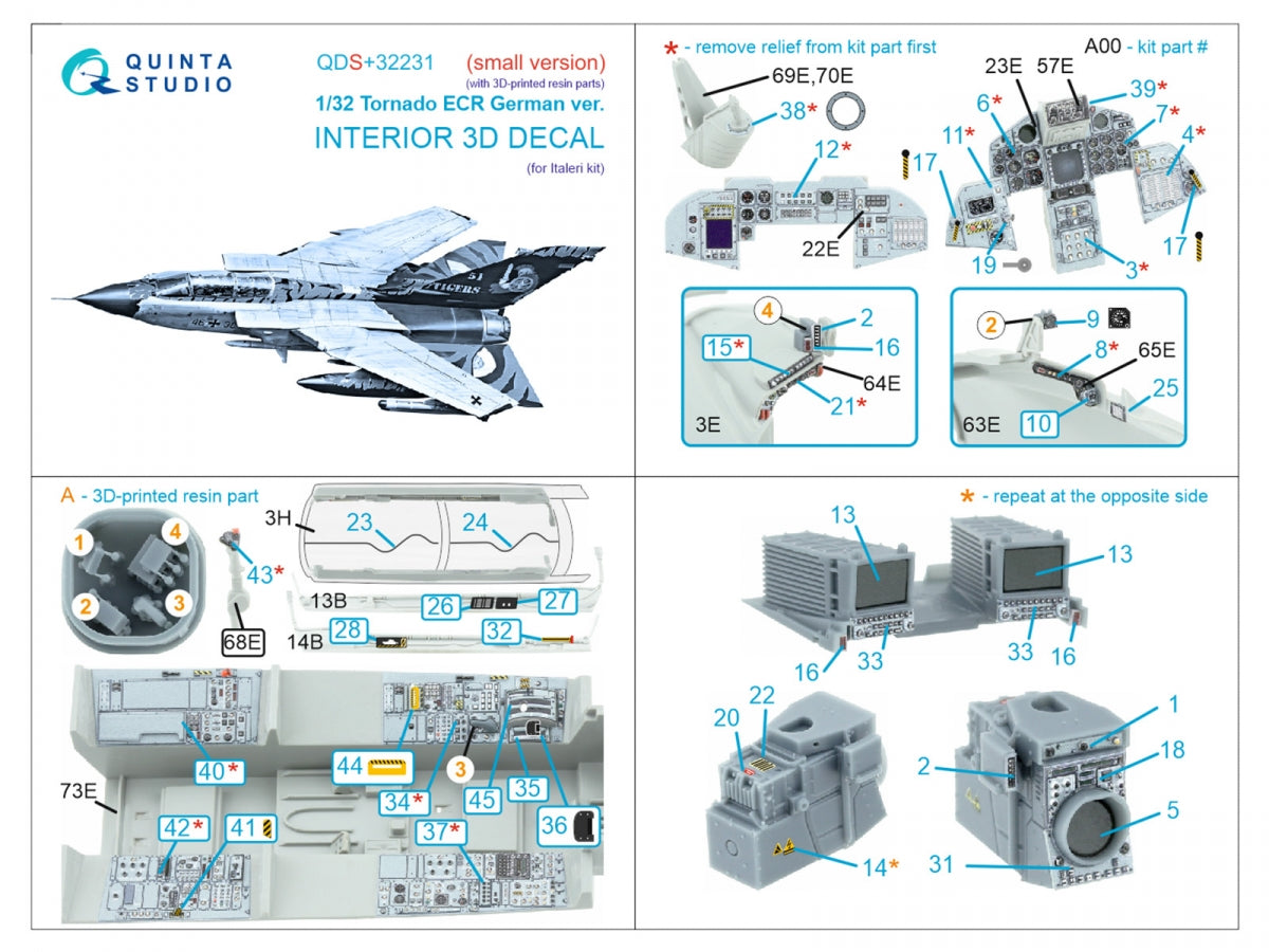 Quinta Studio QDS+32231 Tornado ECR German 3D-Printed &amp;amp; coloured Interior on decal paper (Italeri) (Small version) (with 3D-printed resin parts) 1/32 – immagine 3