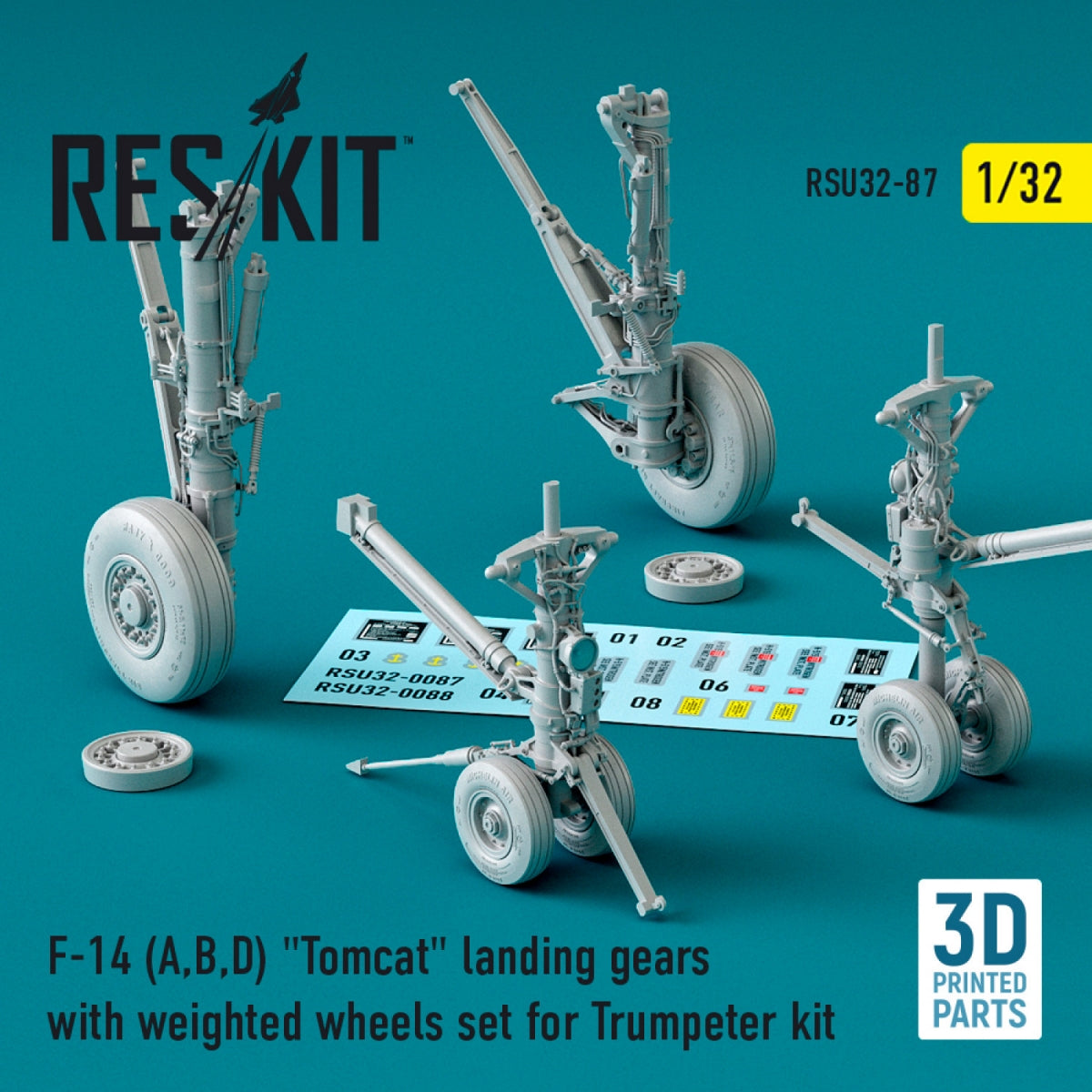 RESKIT RSU32-0087 F-14 (A,B,D) &amp;quot;TOMCAT&amp;quot; LANDING GEARS WITH WEIGHTED WHEELS SET FOR TRUMPETER KIT (3D PRINTED) 1/32