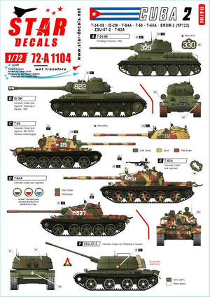 Star Decals 72-A1104 Chars et véhicules blindés à Cuba n° 2. T-34/85, IS-2M, T-54A, T-55, T-55A, T-62A, ZSU-57-2, BRDM-2 (9P122). Échelle 1/72