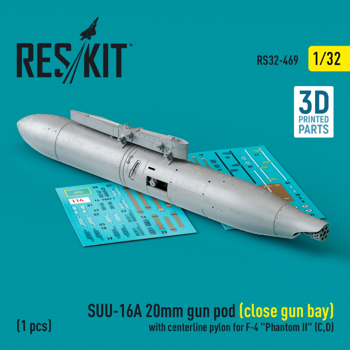 RESKIT RS32-0469 SUU-16A 20mm gun pod (close gun bay) with centerline pylon for F-4 Phantom II (C,D) (1 pcs) (3D Printed) 1/32