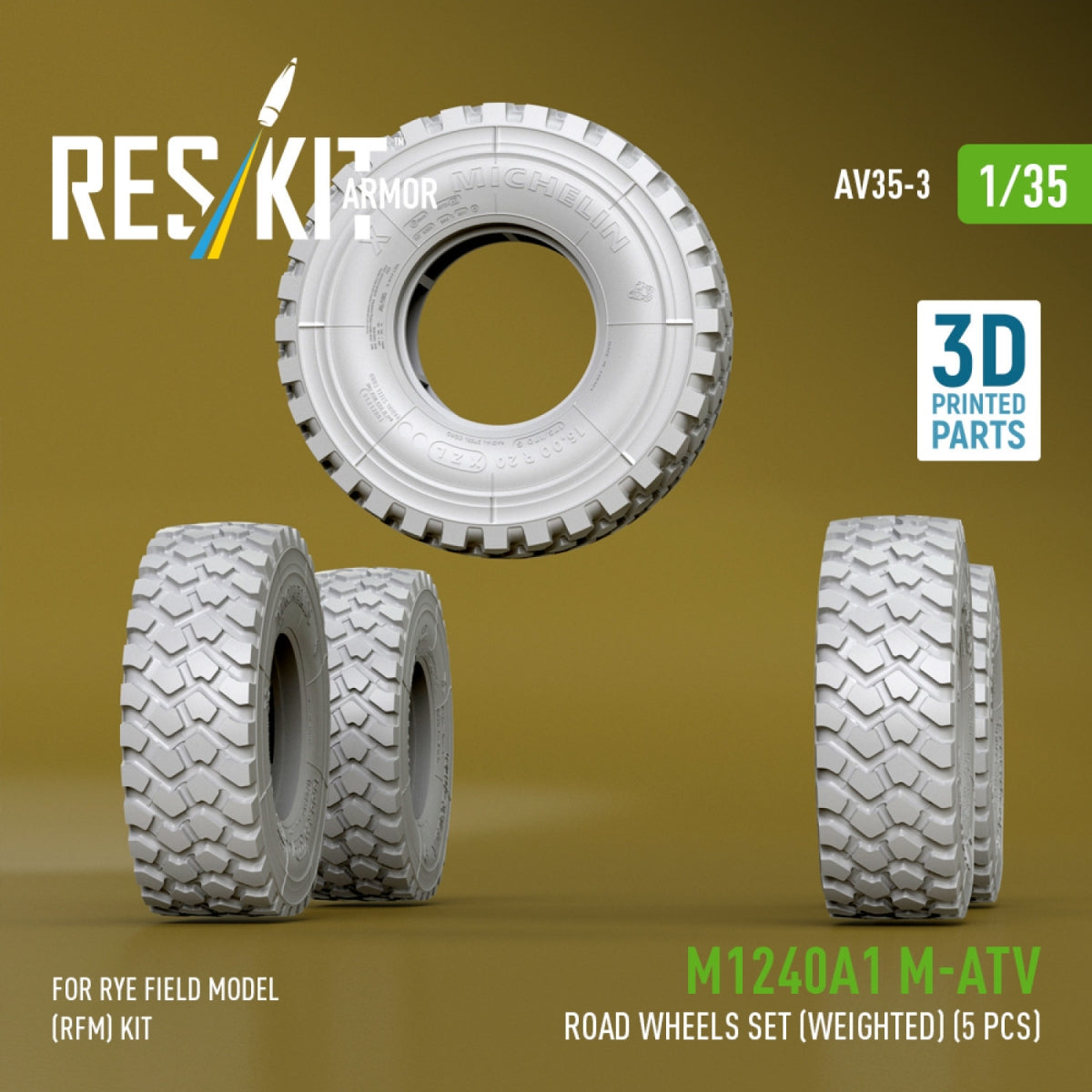 RESKIT AV35-0003 M1240A1 M-ATV road wheels set (weighted) (5 pcs) for Rye Field Model (RFM) kit (3D Printed) 1/35