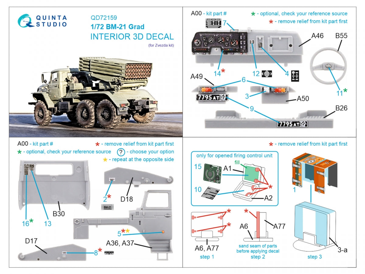 Quinta Studio QD72159 BM-21 Grad 3D-Printed coloured Interior on decal paper (Zvezda) 1/72 – immagine 2