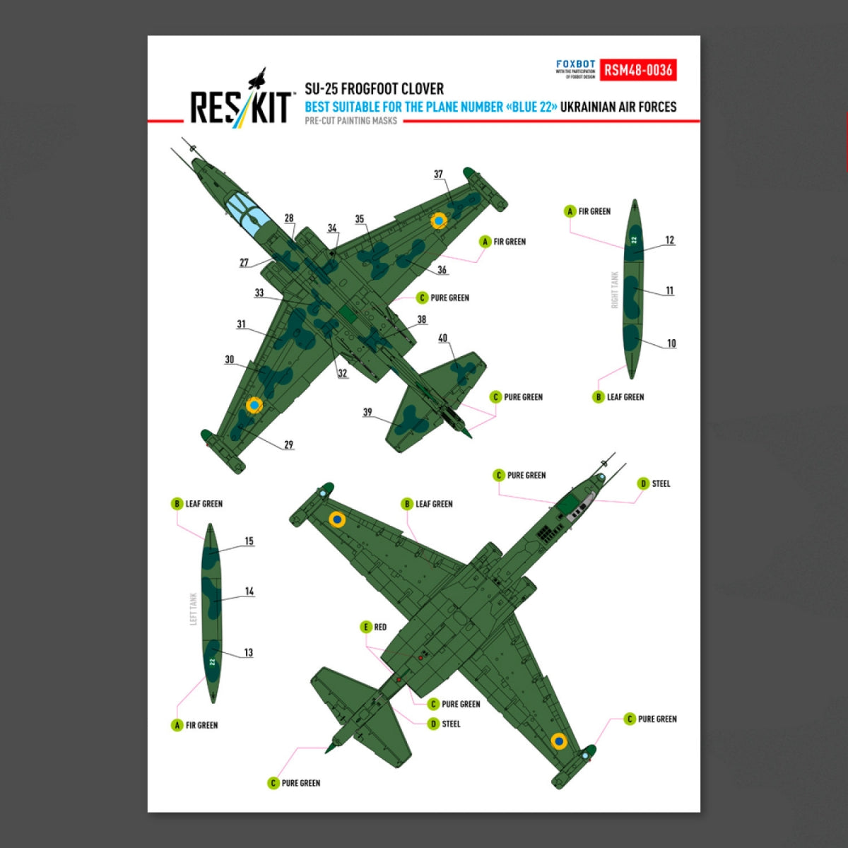 RESKIT RSM48-0036 Su-25 Frogfoot Clover (best suitable for the plane number “blue 22”) Ukrainian Air Forces (Pre-cut painting masks )1/48
