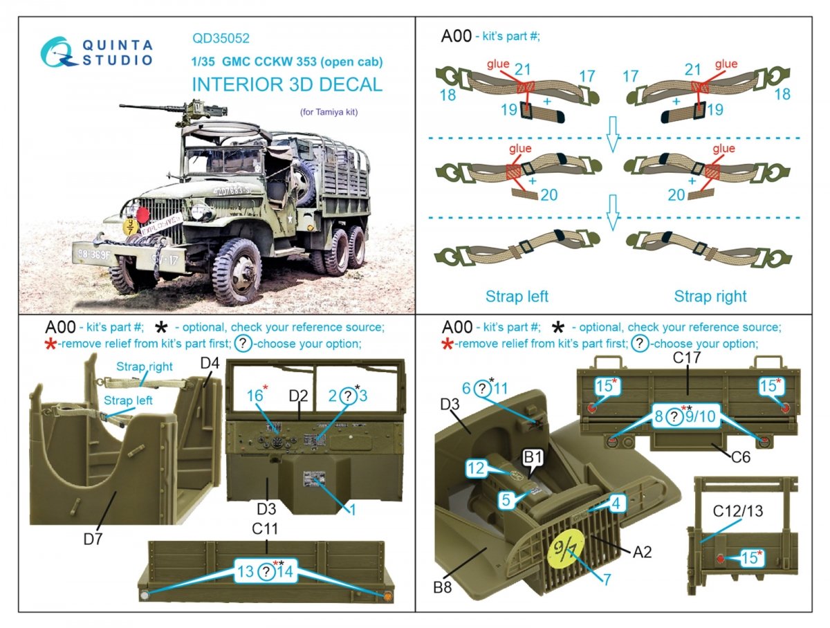 Quinta Studio QD35052 GMC CCKW 353 (open cab) 3D-Printed &amp;amp; coloured Interior on decal paper ( Tamiya ) 1/35 – immagine 2