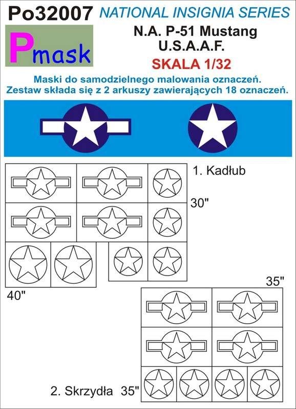 P-Mask PO32007 MASKI DO MALOWANIA OZNACZEŃ N.A. P-51 MUSTANG USAAF 1/32