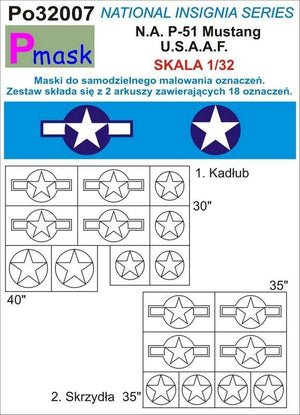 P-Mask PO32007 MASKI DO MALOWANIA OZNACZEŃ N.A. P-51 MUSTANG USAAF 1/32