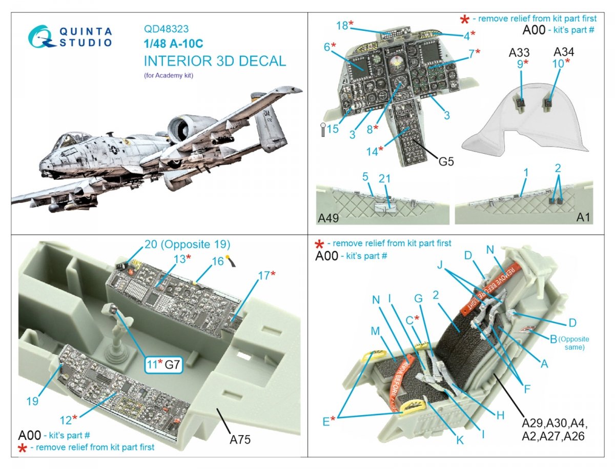 Quinta Studio QD48323 A-10C 3D-Printed &amp;amp; coloured Interior on decal paper (Academy) 1/48 – Bild 2