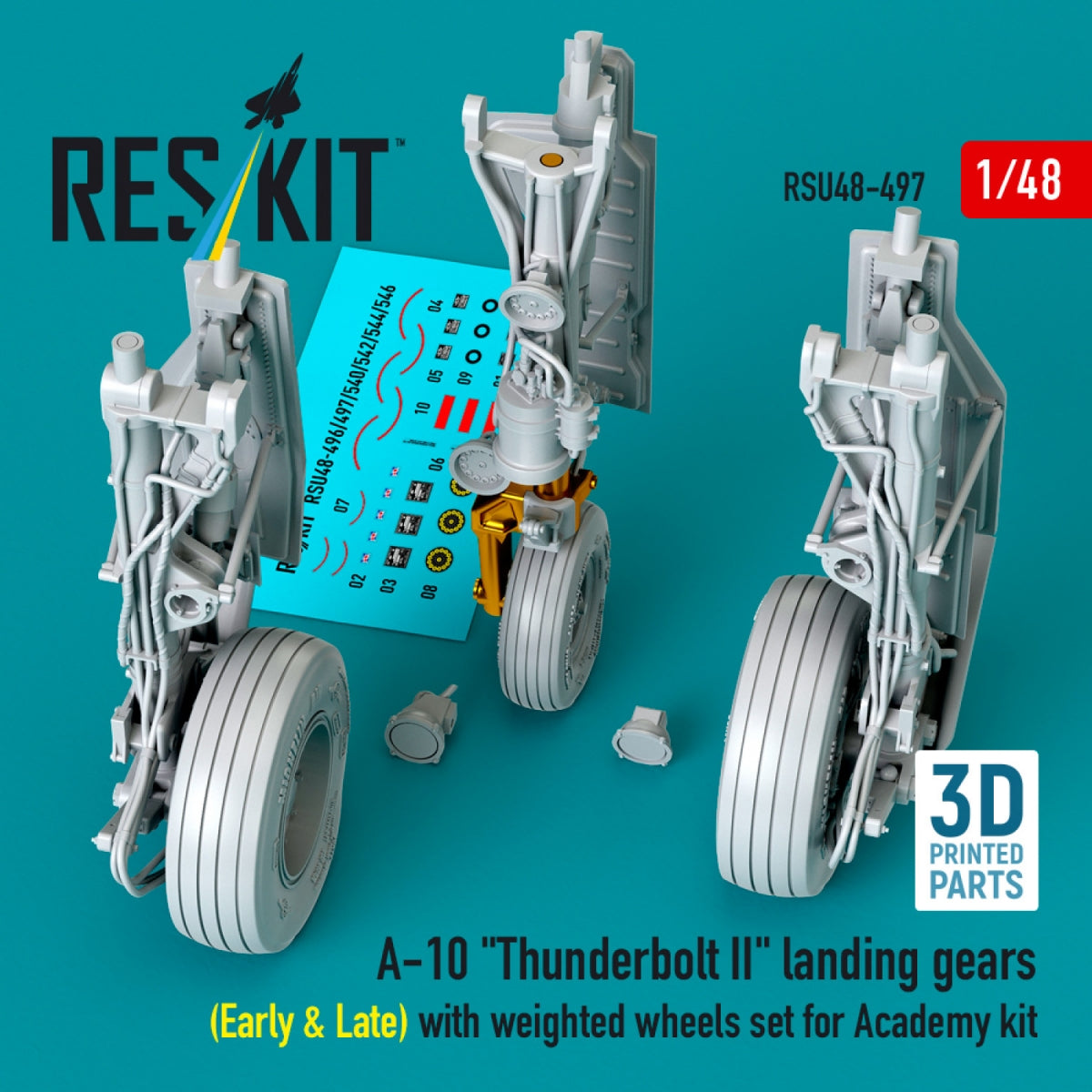 RESKIT RSU48-0497 A-10 "Thunderbolt II" landing gears (Early &amp; Late) with weighted wheels set for Academy kit (Metal+3D Printed) 1/48