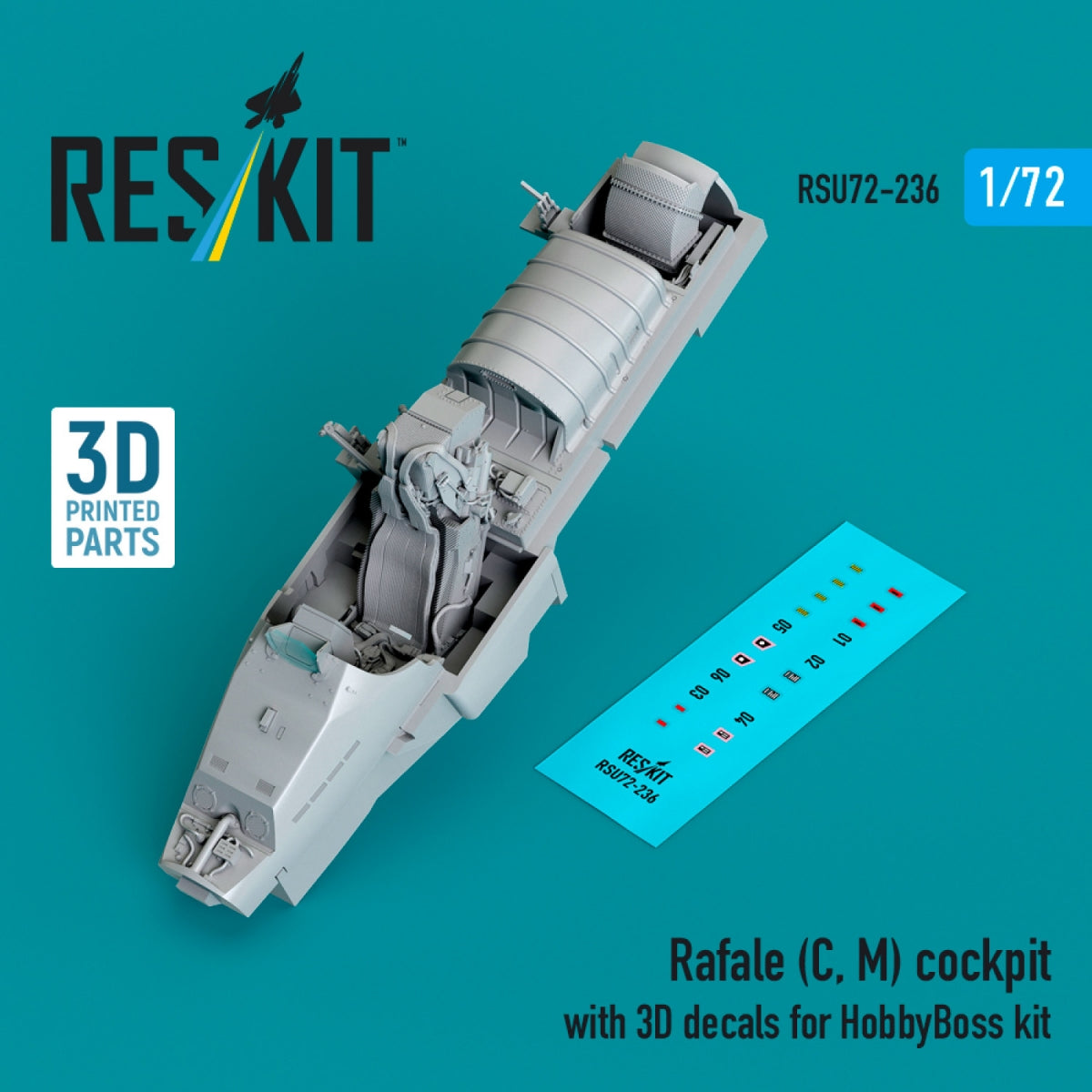 RESKIT RSU72-236 Cockpit Rafale (C, M) avec décalcomanies 3D pour maquette HobbyBoss (impression 3D) au 1/72