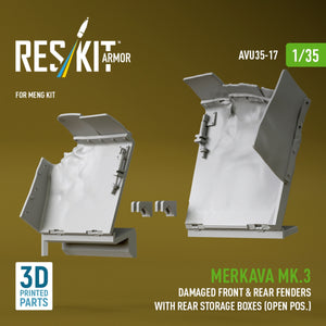 RESKIT AVU35-0017 Merkava Mk.3 damaged front &amp; rear fenders with rear storage boxes (open pos.) for Meng kit (3D Printed) 1/35