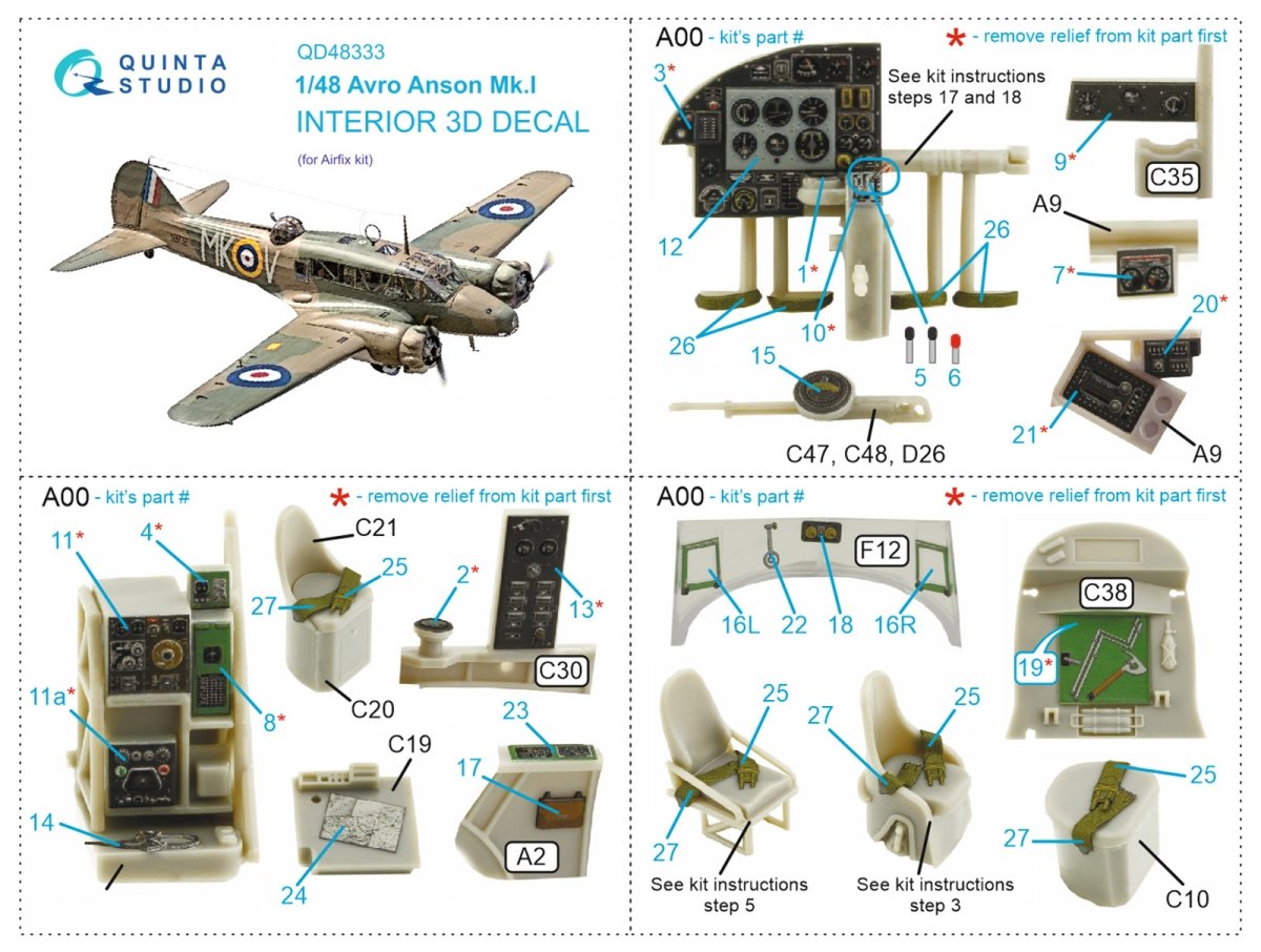 Quinta Studio QD48333 Avro Anson Mk.I 3D-Printed &amp;amp; coloured Interior on decal paper (Airfix) 1/48 – immagine 8