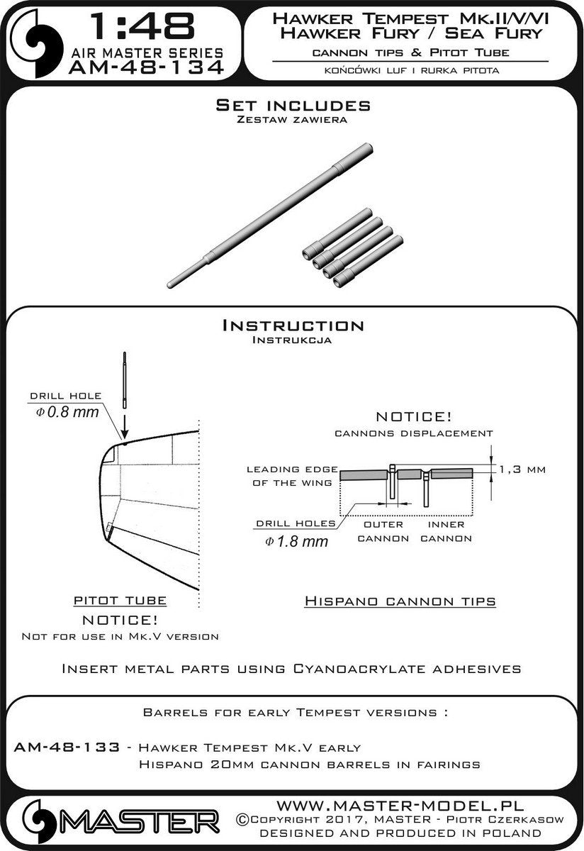 Master AM-48-134 Hawker Tempest Mk.II/V/VI et Hawker Fury/Sea Fury - Embouts de canon et tube de Pitot Hispano Mk.V (1/48) – image 4