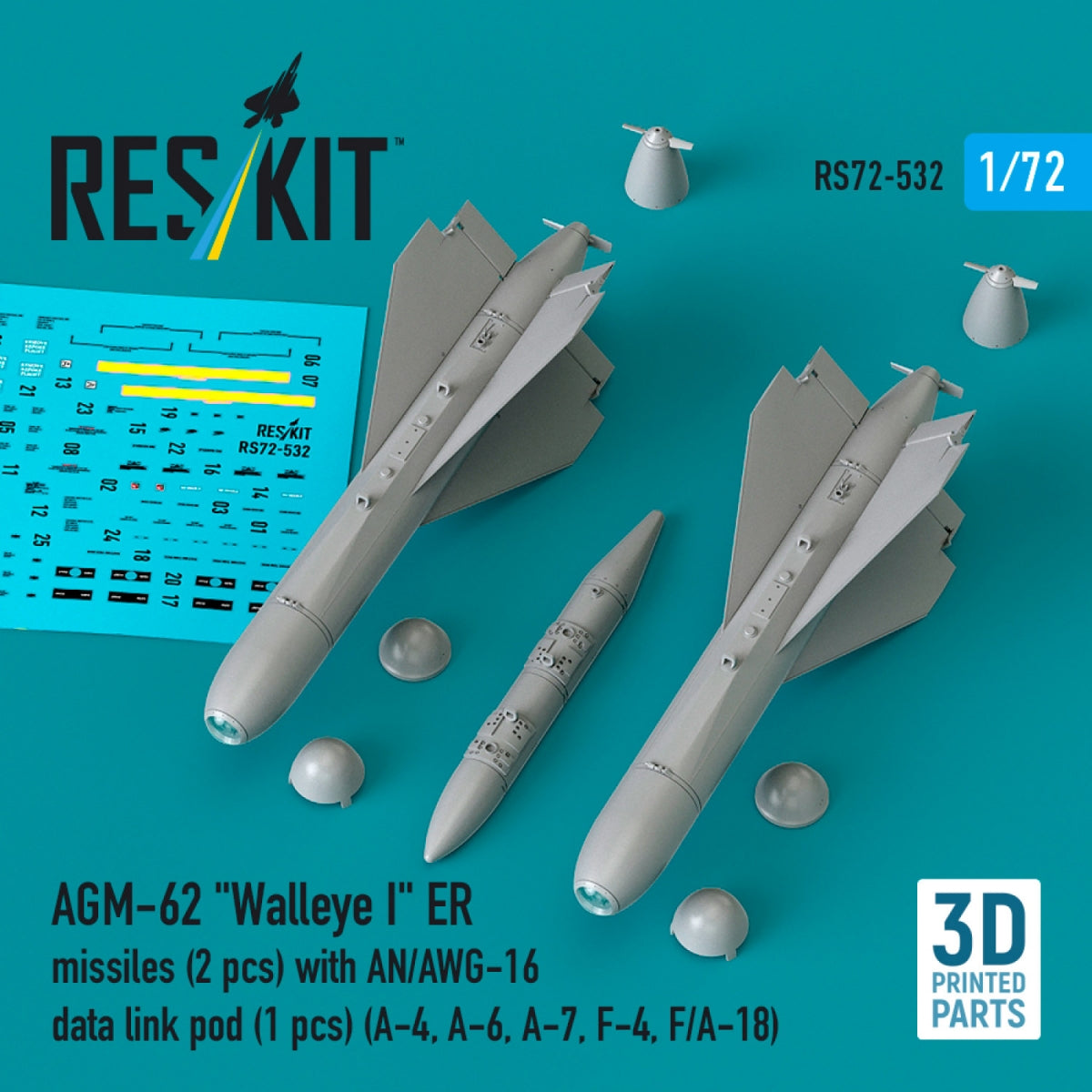 RESKIT RS72-0532 AGM-62 "Walleye I" ER missiles (2 pcs) with AN/AWG-16 data link pod (1 pcs) (A-4, A-6, A-7, F-4, F/A-18) (3D Printed) 1/72