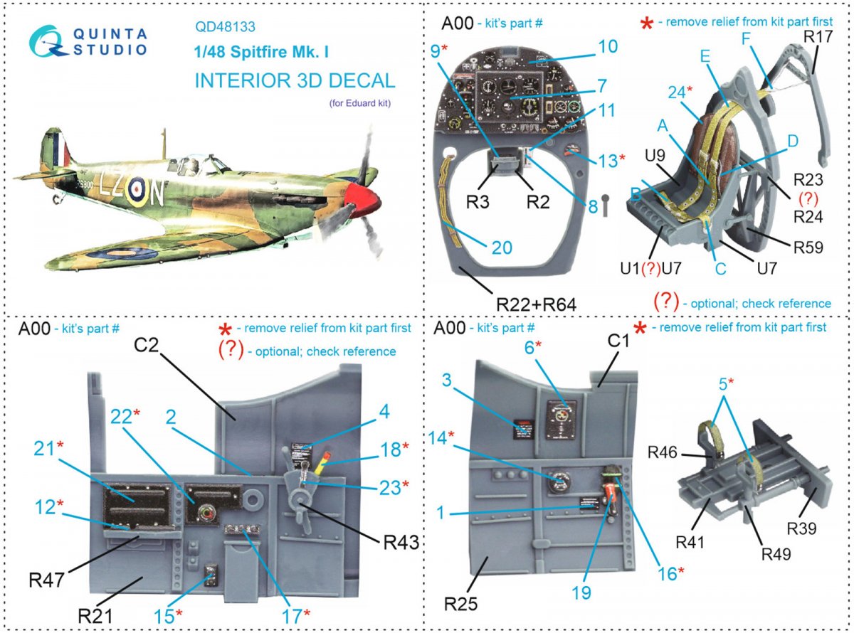 Quinta Studio QD48133 Spitfire Mk.I 3D-Printed &amp;amp; coloured Interior on decal paper (Eduard) 1/48 – imagen 12