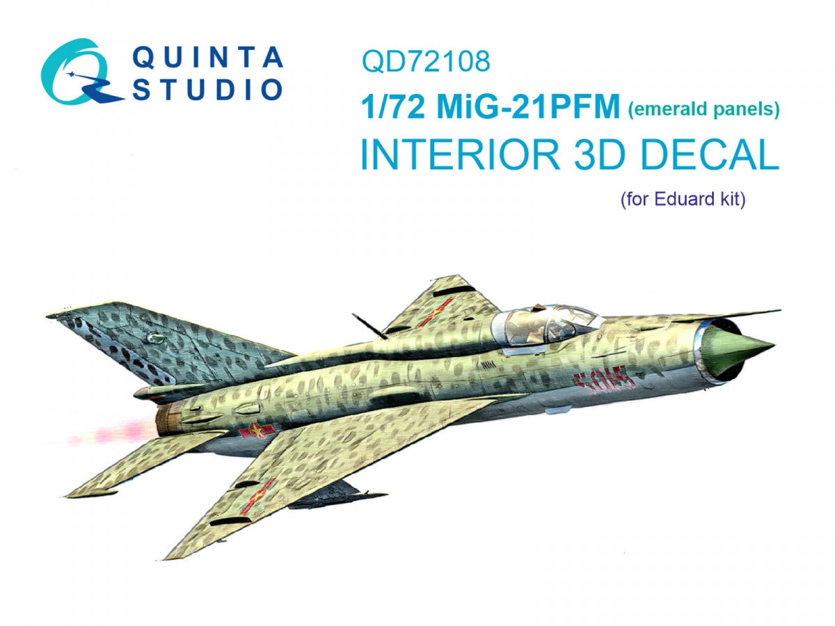 Quinta Studio QD72108 MiG-21PFM Emerald panels 3D-Printed &amp; colored Interior on decal paper (Eduard) 1/72