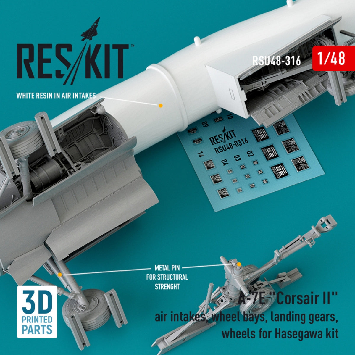 RESKIT RSU48-0316 A-7E &amp;quot;CORSAIR II&amp;quot; AIR INTAKES, WHEEL BAYS, LANDING GEARS, WHEELS FOR HASEGAWA KIT (3D PRINTED) 1/48 – imagen 2