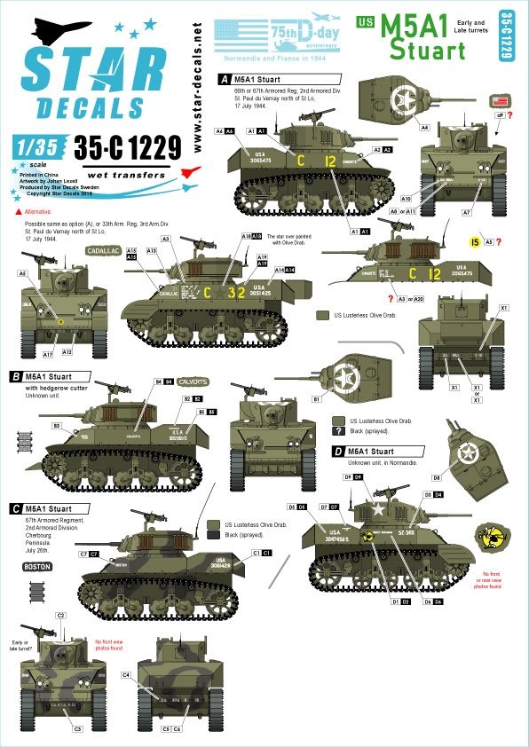 Décalcomanies Star Decals 35-C1229 US M5A1 Stuart 1/35