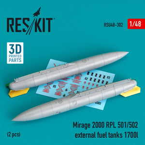 RESKIT RSU48-0302 MIRAGE 2000 RPL 501/502 RÉSERVOIRS DE CARBURANT EXTERNES 1700 L (2 PIÈCES) (IMPRIMÉS EN 3D) 1/48