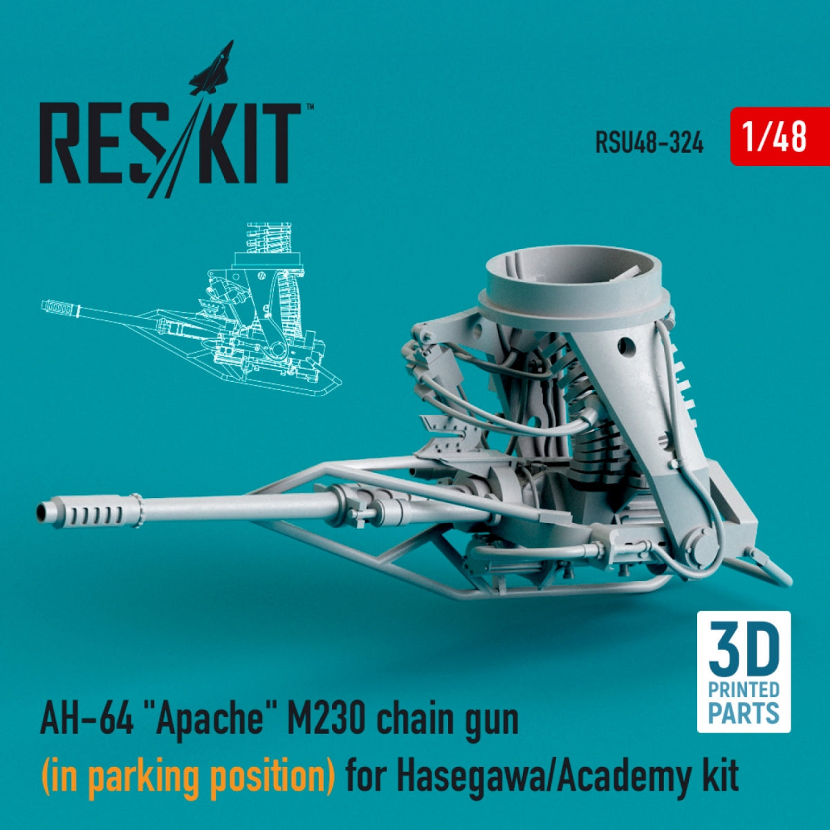 RESKIT RSU48-0324 AH-64 &amp;quot;APACHE&amp;quot; M230 CHAIN GUN (IN PARKING POSITION) FOR HASEGAWA/ACADEMY KIT (3D PRINTED) 1/48