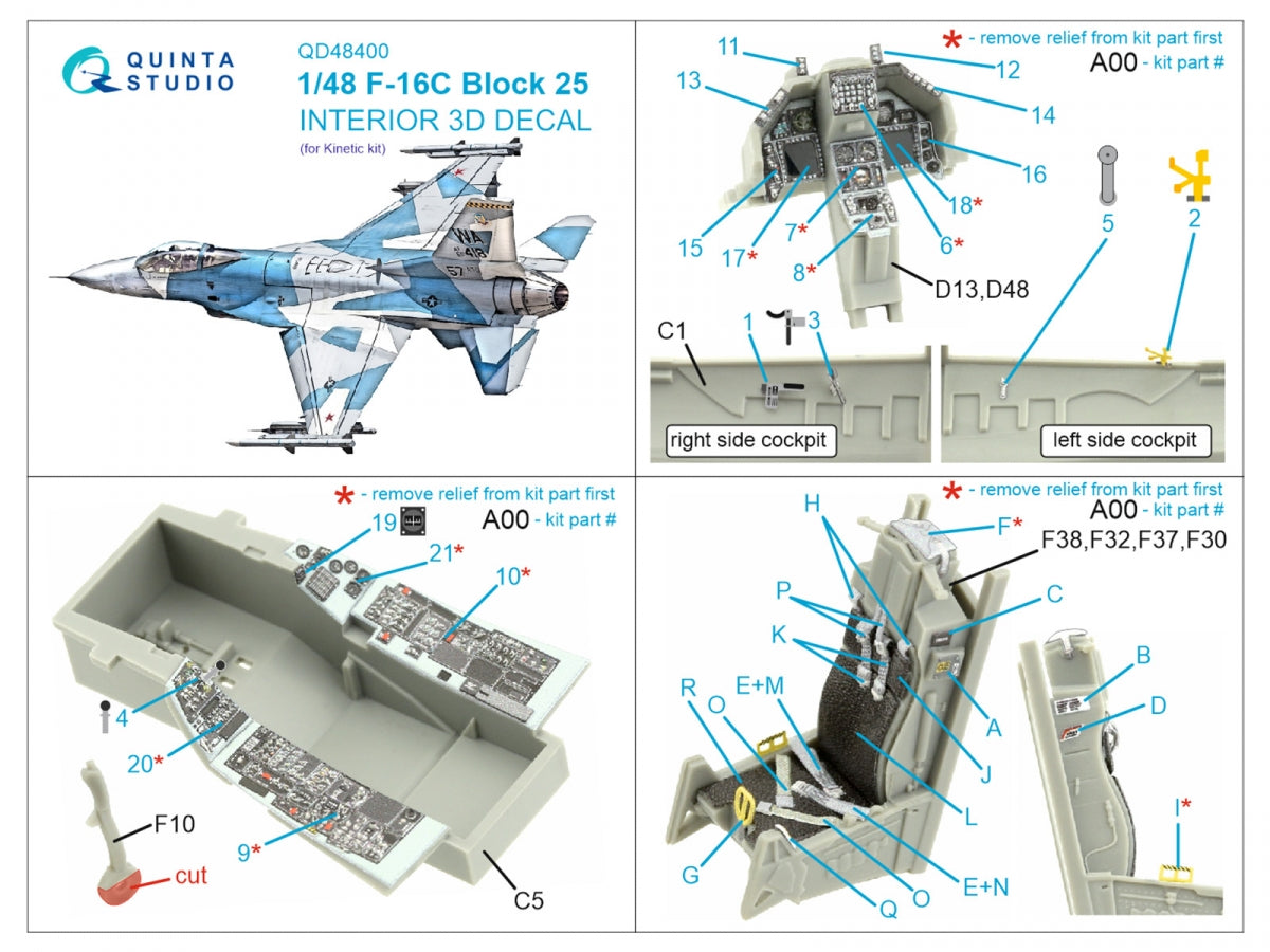 Quinta Studio QD48400 F-16C block 25 3D-Printed &amp;amp; coloured Interior on decal paper (Kinetic 2022 tool) 1/48 – immagine 2