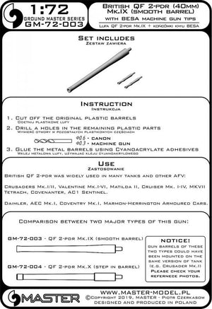 Master GM-72-003 British QF 2-pdr (40mm) - version Mk.IX (smooth barrel) + Besa MG tips - for Crusader Mk.I/II, early Valentine, Matilda II, and other AFV 1/72 – immagine 3