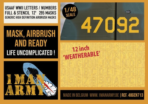 1 Man Army 48GEN713 USAAF WWII Letters / Numbers Full &amp; Stencil 12" (295 pcs) 1/48