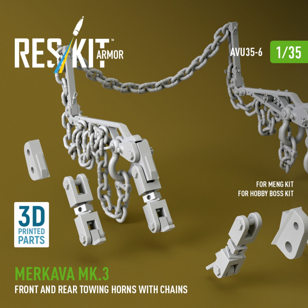 RESKIT AVU35-0006 Merkava Mk.3 front and rear towing horns with chains for Meng/Hobby Boss kit (3D Printed) 1/35