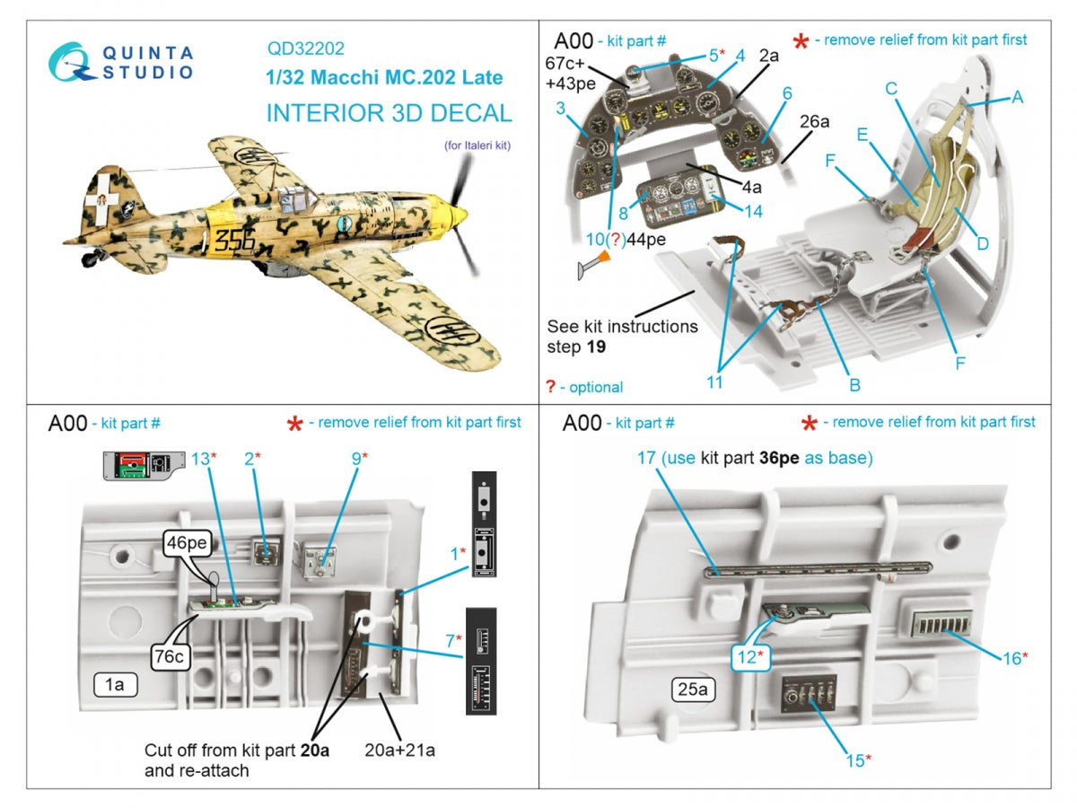 Quinta Studio QD32202 Macchi MC.202 Folgore Late Intérieur imprimé en 3D et coloré sur papier décalque (Italeri) 1/32  – image 2