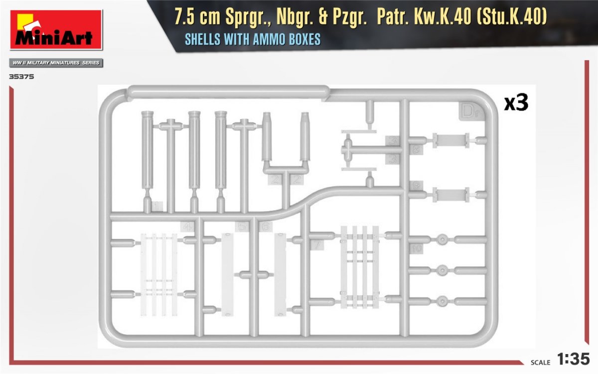 MiniArt 35375 7.5 cm Sprgr., Nbgr. &amp;amp; Pzgr. Patr. Kw.K.40 (Stu.K.40) SHELLS WITH AMMO BOXES 1/35 – Bild 3